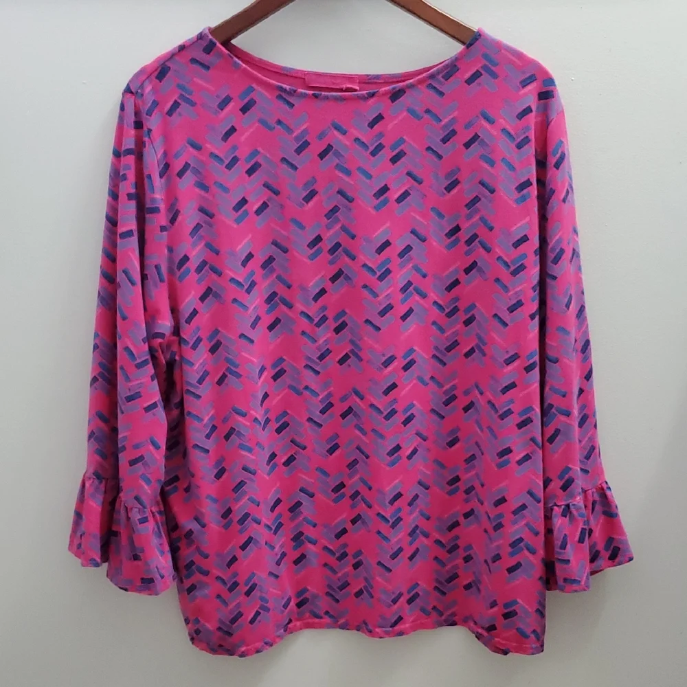 Fresh Produce Mosiac Ruffle Cuff Top In Raspberry Size 2X - Picture 1 of 8